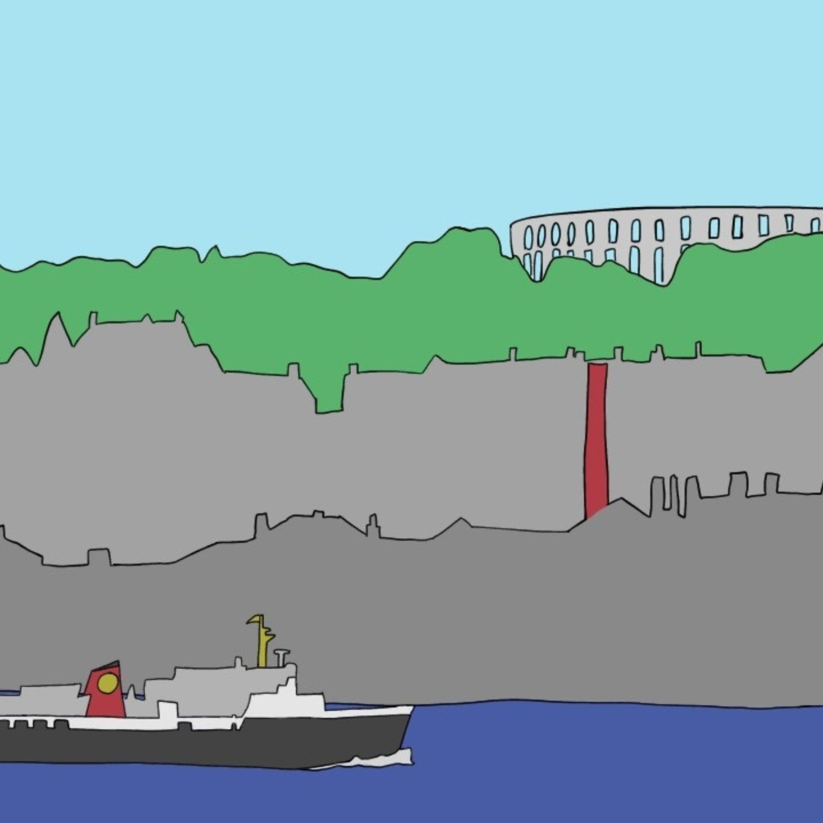 A graphic illustration of Oban, with a ship sailing past building, such as McCraig's Tower, and greenery.